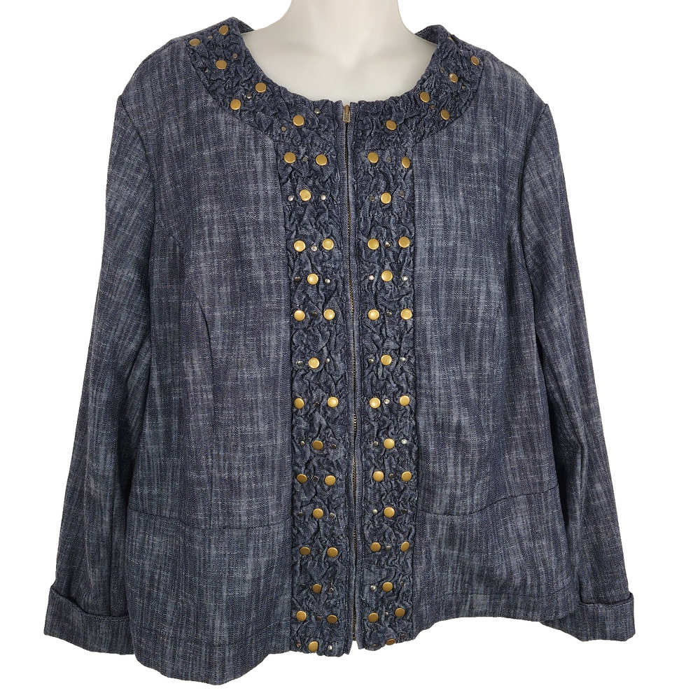 JM Collection Women Jacket Blue Denim Studded Long Sleeve Size 16P Business Chic